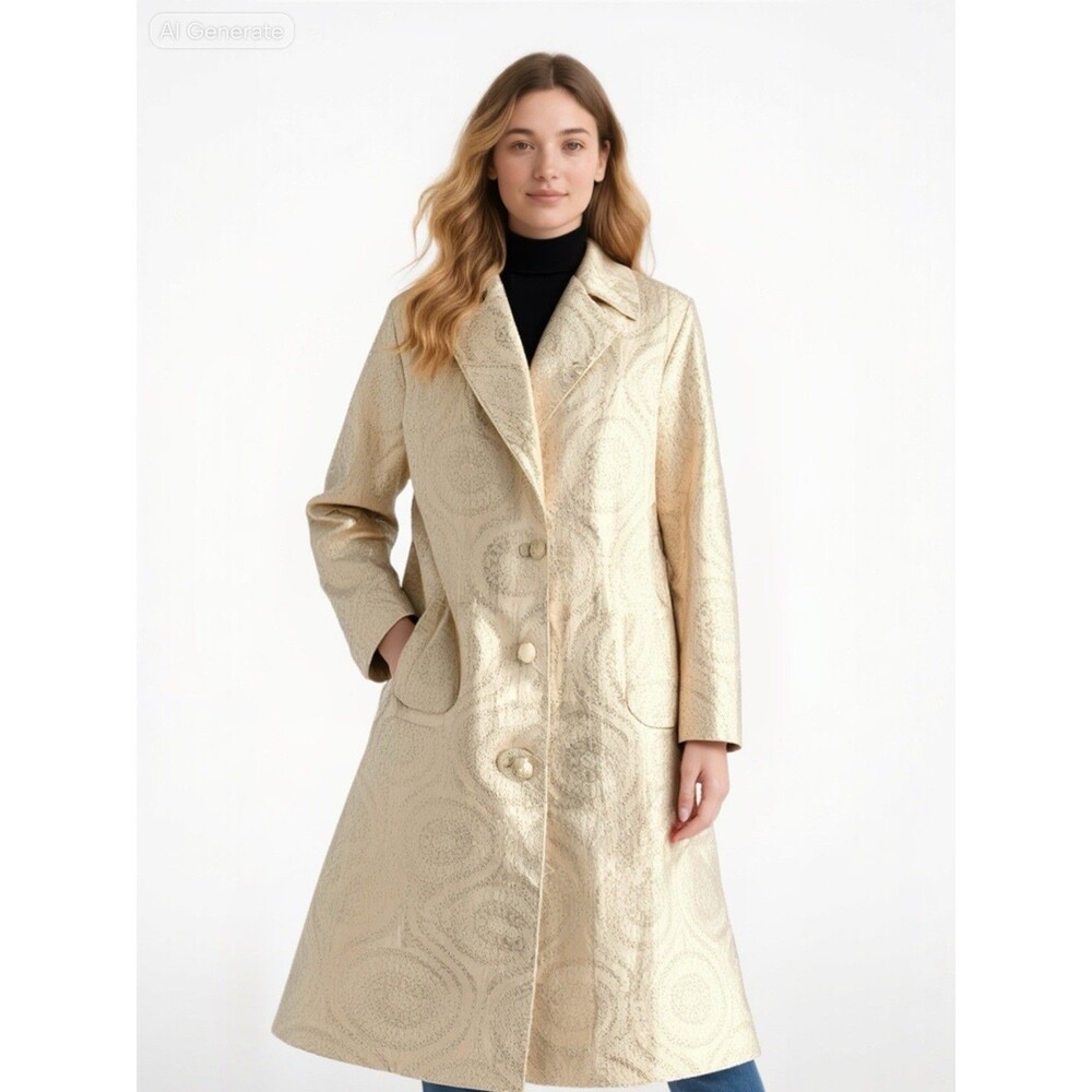 Old Navy Y2K Long Over Coat Jacquard Sz L Cream Gold Brocade Classy Metallic